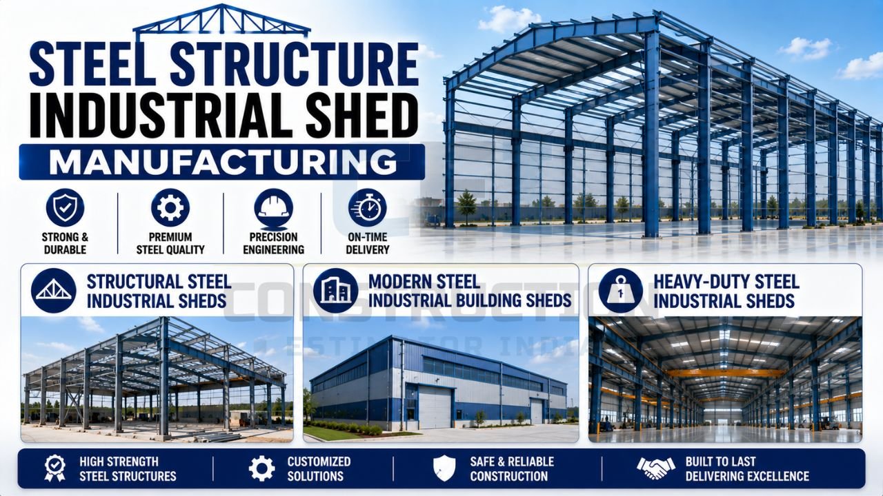 Heavy-duty steel industrial building under construction showcasing structural steel framework.