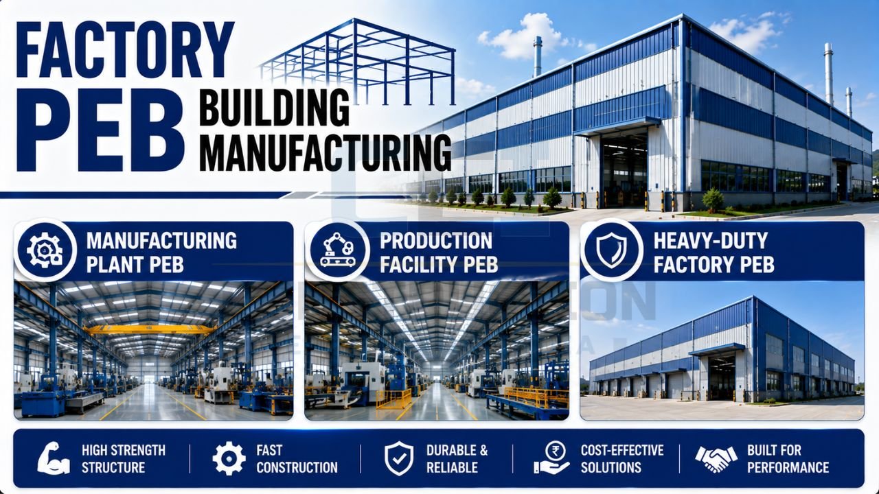 Large factory pre-engineered building with modern production and manufacturing facilities.