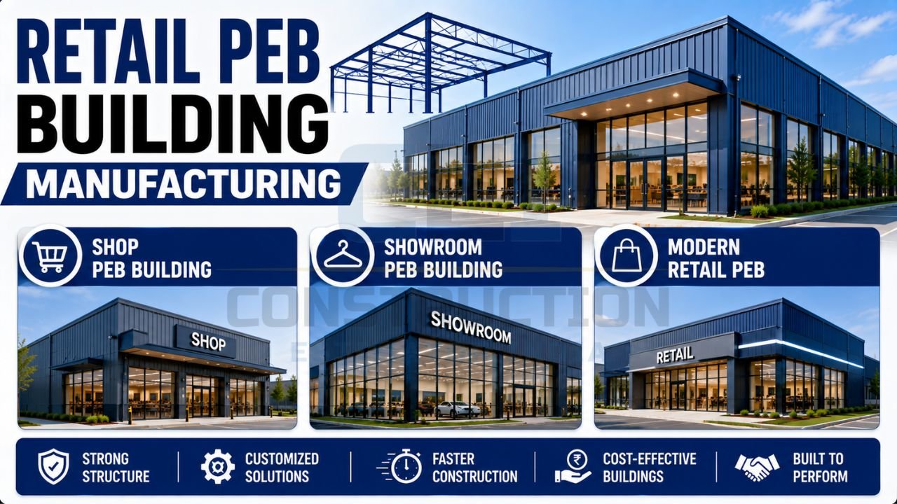 Modern retail showroom and commercial PEB building with glass façade and spacious interiors.