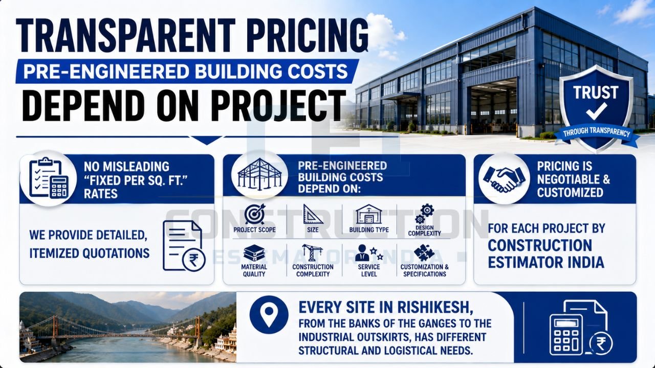 Professional illustration explaining factors that influence pre-engineered building costs and project pricing.