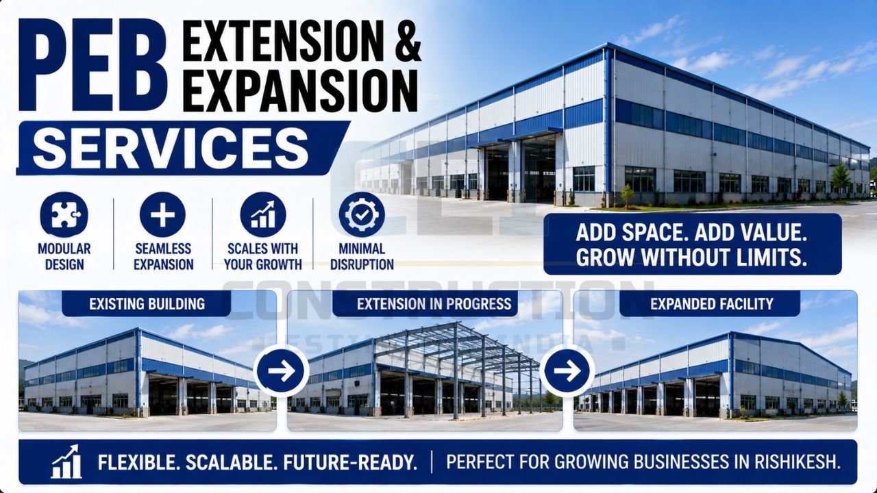 Existing industrial PEB building being expanded with additional steel structure bays for future growth.