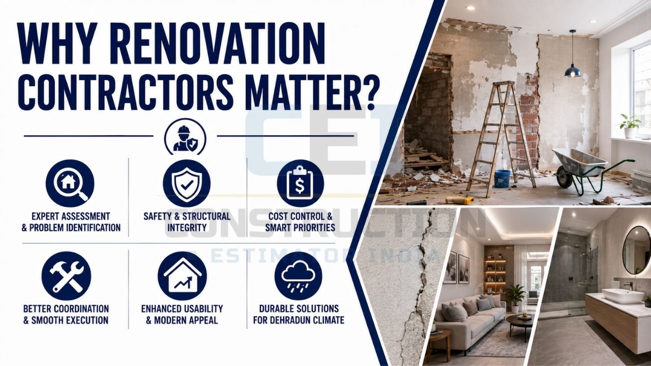 Renovation contractor infographic highlighting expert assessment, structural safety, cost control, project coordination, modern upgrades, and durable renovation solutions.