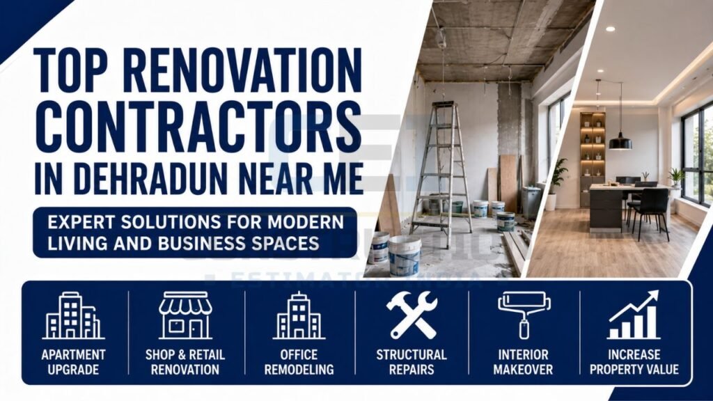 Renovation contractor infographic promoting apartment upgrades, retail renovations, office remodeling, structural repairs, interior makeovers, and property value improvements in Dehradun.