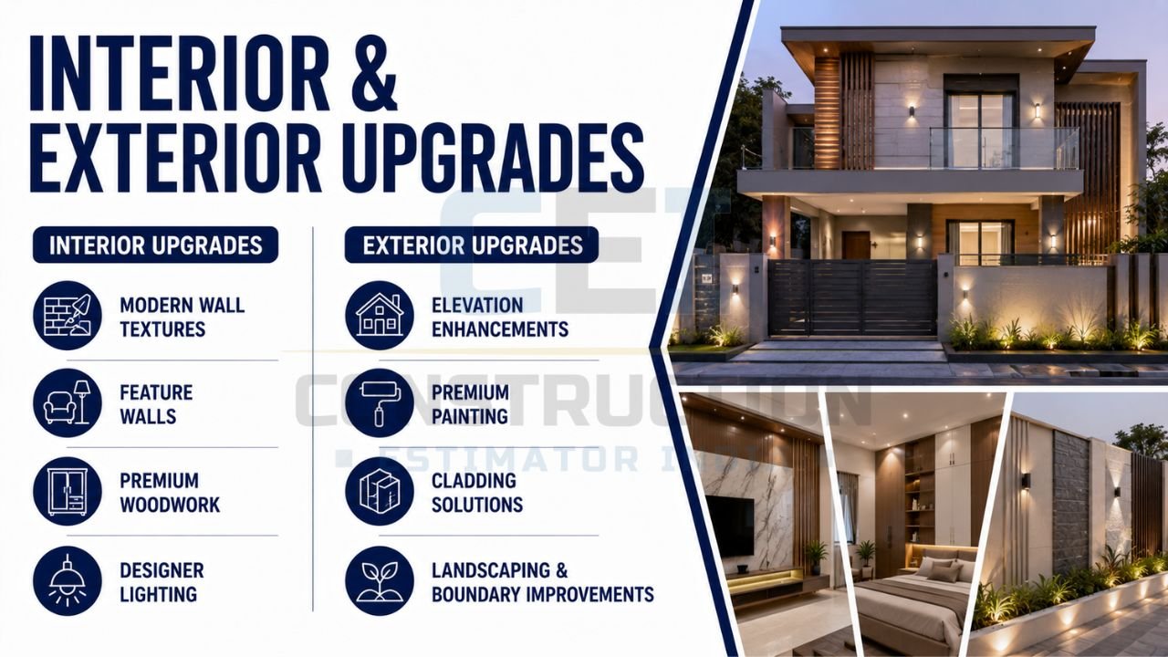 Home renovation infographic featuring interior upgrades, premium woodwork, designer lighting, exterior enhancements, painting solutions, cladding, and landscaping improvements.