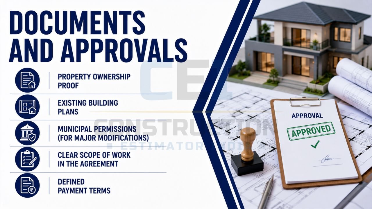 Renovation documents and approvals infographic showing ownership proof, building plans, municipal permissions, work agreements, and payment terms required before renovation.