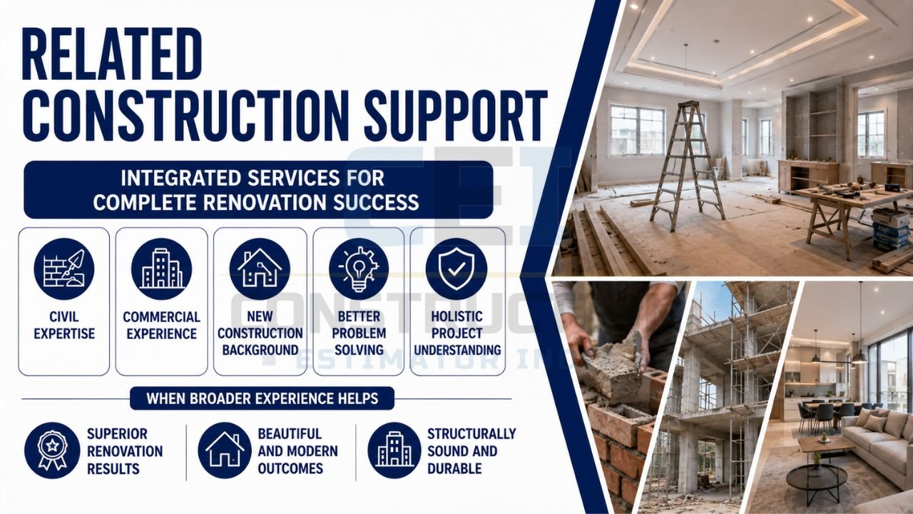 Construction support infographic highlighting integrated renovation services, civil expertise, commercial experience, new construction knowledge, problem-solving, and project management.