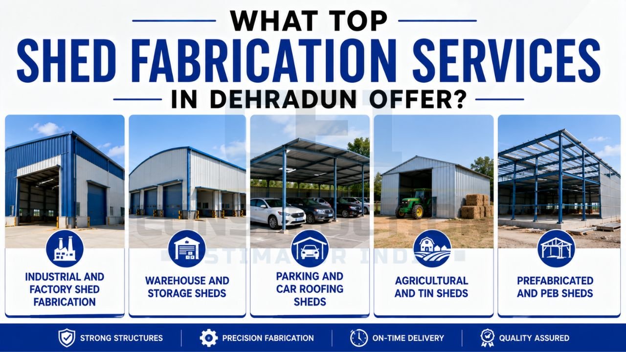 Shed fabrication services infographic showing industrial sheds, warehouse sheds, parking sheds, agricultural sheds, and prefabricated PEB structures.