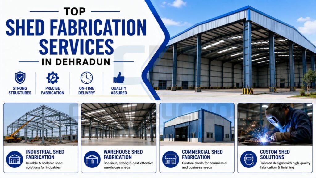 Industrial shed fabrication infographic highlighting warehouse sheds, commercial sheds, custom fabrication solutions, and quality construction services.