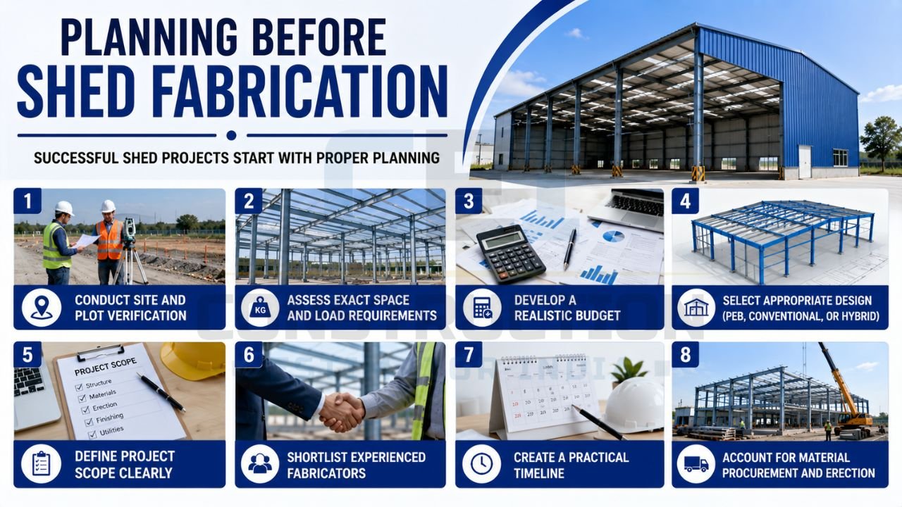 Shed fabrication planning infographic showing site verification, load assessment, budgeting, design selection, contractor selection, and project scheduling.
