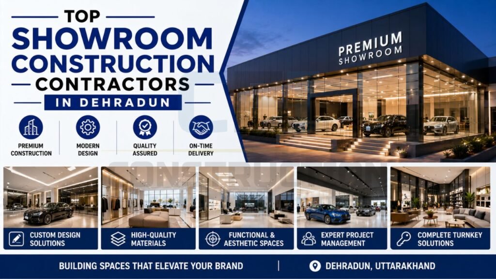 Modern showroom construction infographic highlighting premium design, quality materials, project management, turnkey solutions, and aesthetic retail spaces.
