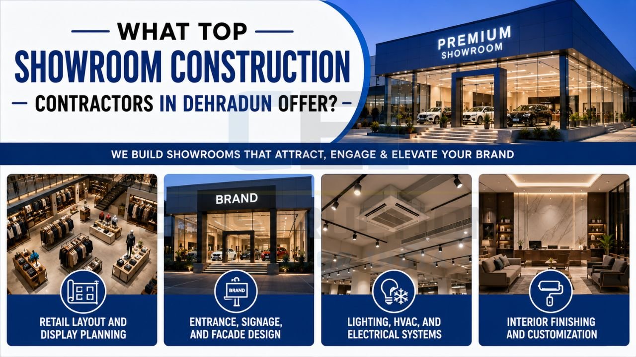Showroom construction services infographic featuring retail layout planning, facade design, HVAC systems, lighting solutions, and interior customization.