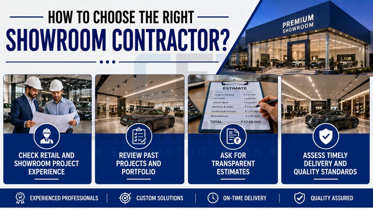 Showroom contractor selection guide showing project experience, portfolio review, cost estimation, and quality assurance assessment.