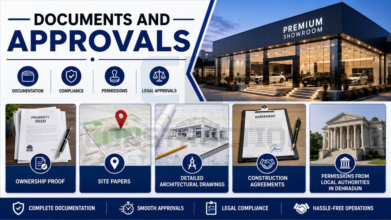 Showroom construction approvals infographic showing ownership proof, site papers, architectural drawings, construction agreements, and local authority permissions.