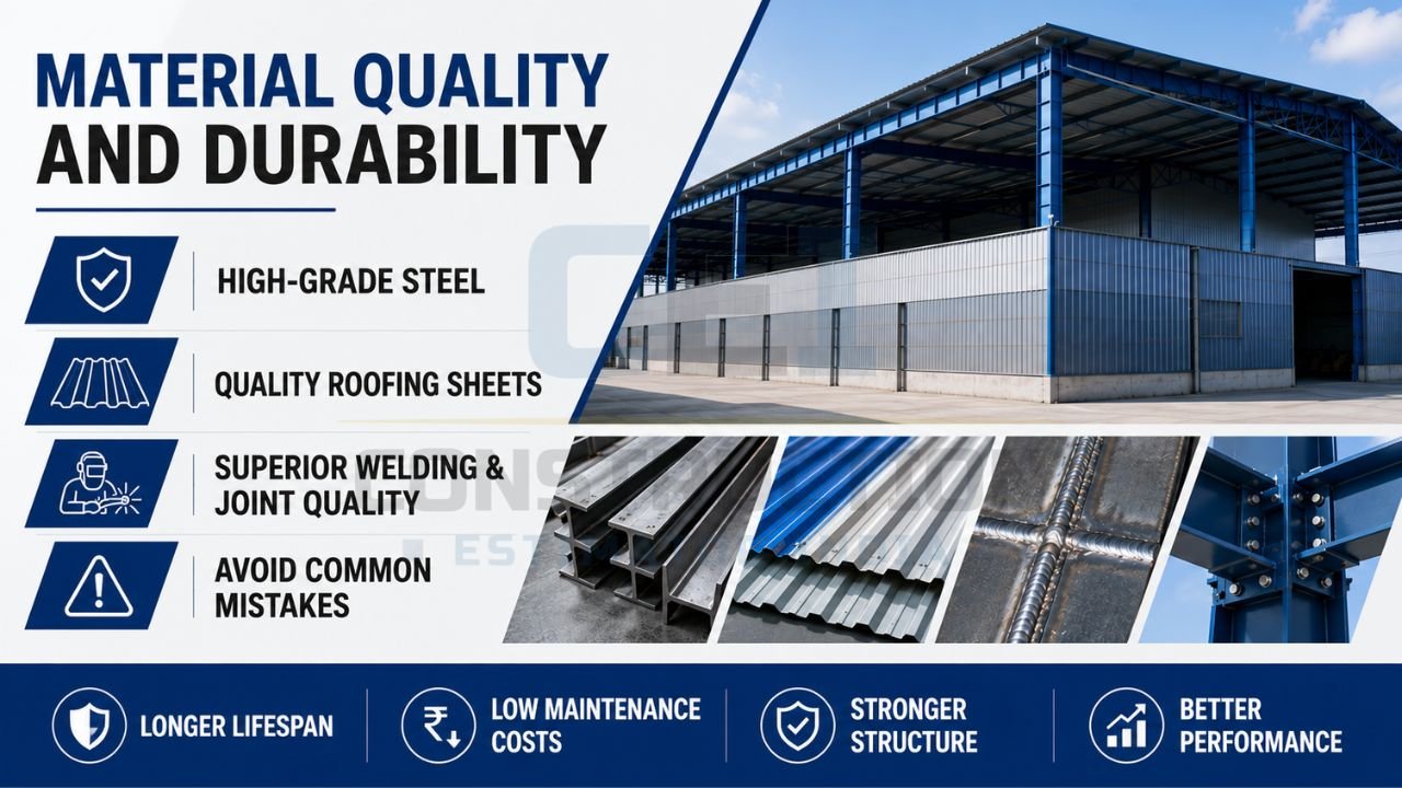 Industrial shed fabricated with high-grade steel, quality roofing sheets, strong welded joints, and durable structural components.