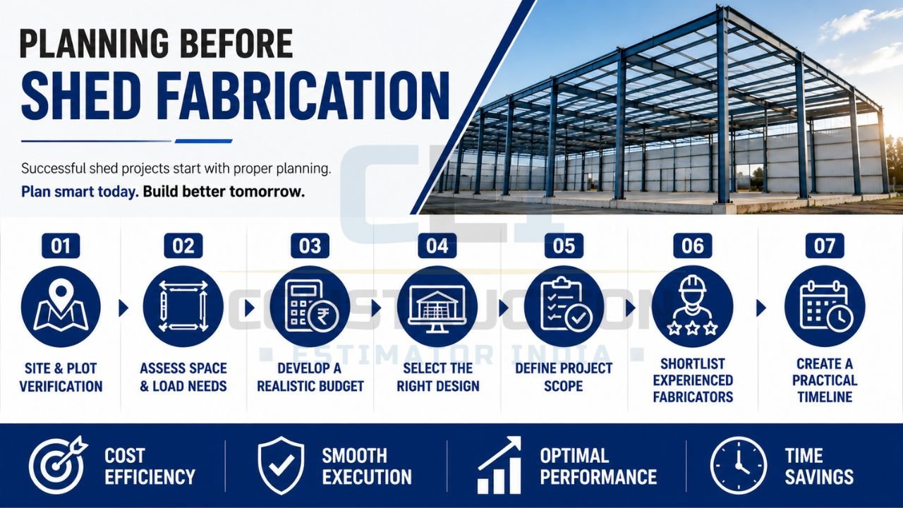 Industrial steel shed planning process showing site verification, budgeting, design selection, contractor evaluation, and project scheduling.