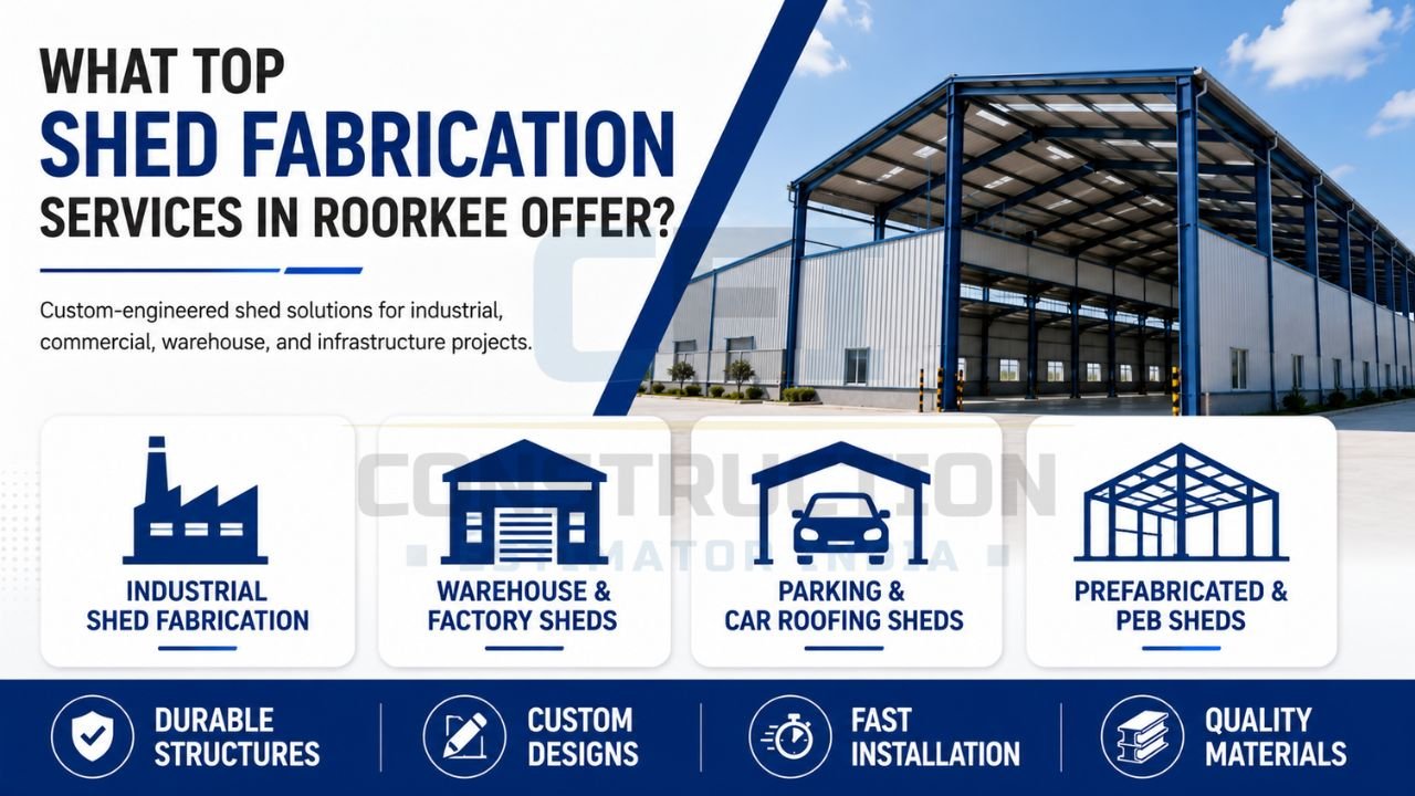 Industrial steel shed fabrication services in Roorkee featuring warehouse sheds, factory buildings, parking sheds, and prefabricated PEB structures.