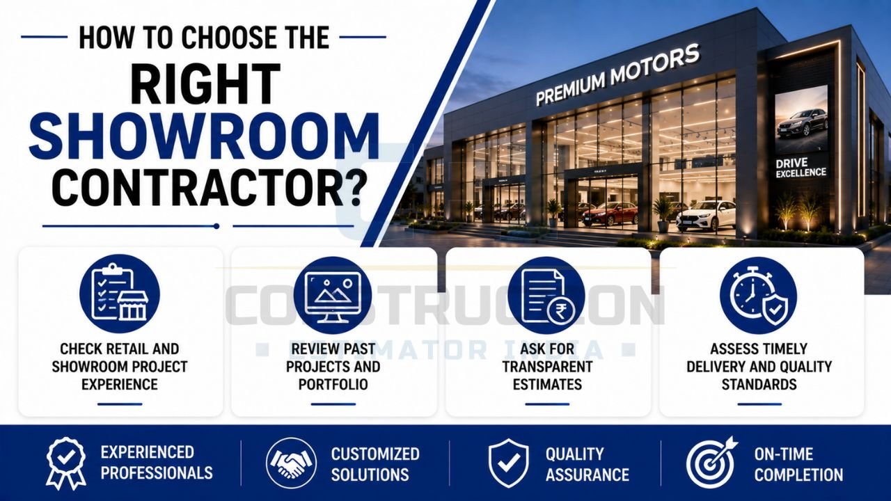 Guide for selecting a showroom contractor based on project experience, portfolio review, transparent pricing, quality standards, and timely project delivery.