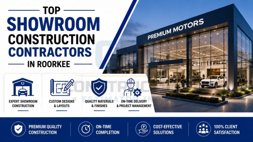 Modern automobile showroom constructed by professional showroom contractors featuring custom layouts, premium materials, project management, and high-quality finishes.