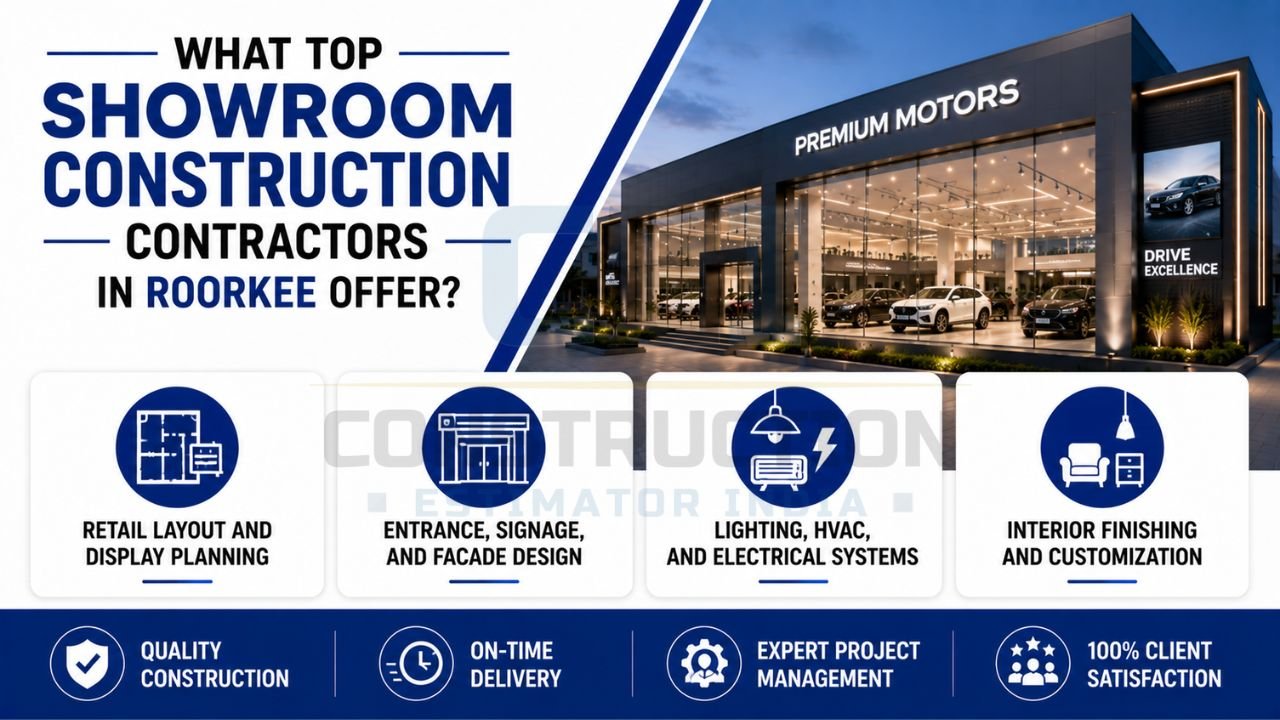 Showroom construction services including retail layout planning, facade design, HVAC systems, lighting solutions, electrical installations, and interior customization.