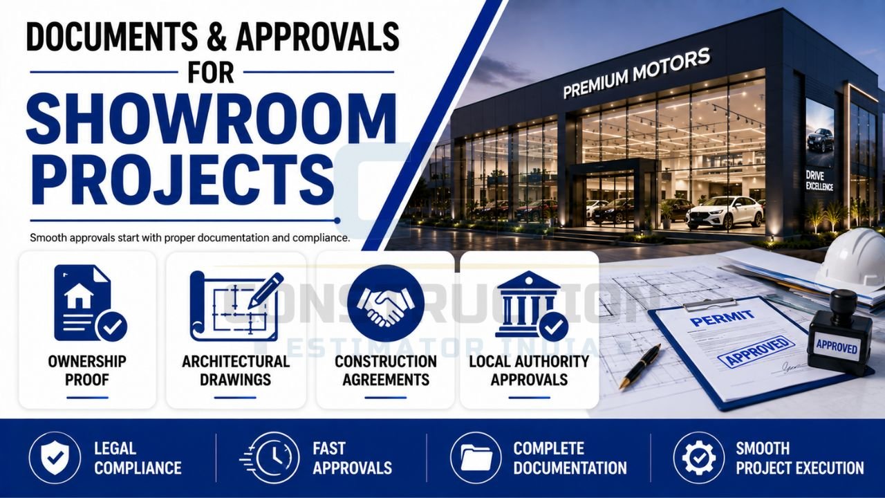 Essential documents and approvals for showroom construction including ownership proof, architectural drawings, construction agreements, and local authority permits.