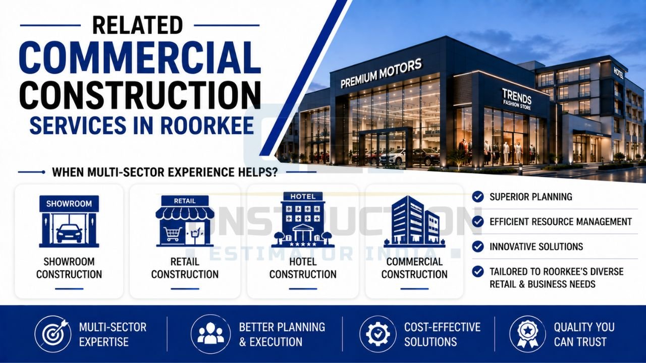 Commercial construction services in Roorkee including showroom construction, retail construction, hotel construction, and commercial building development.