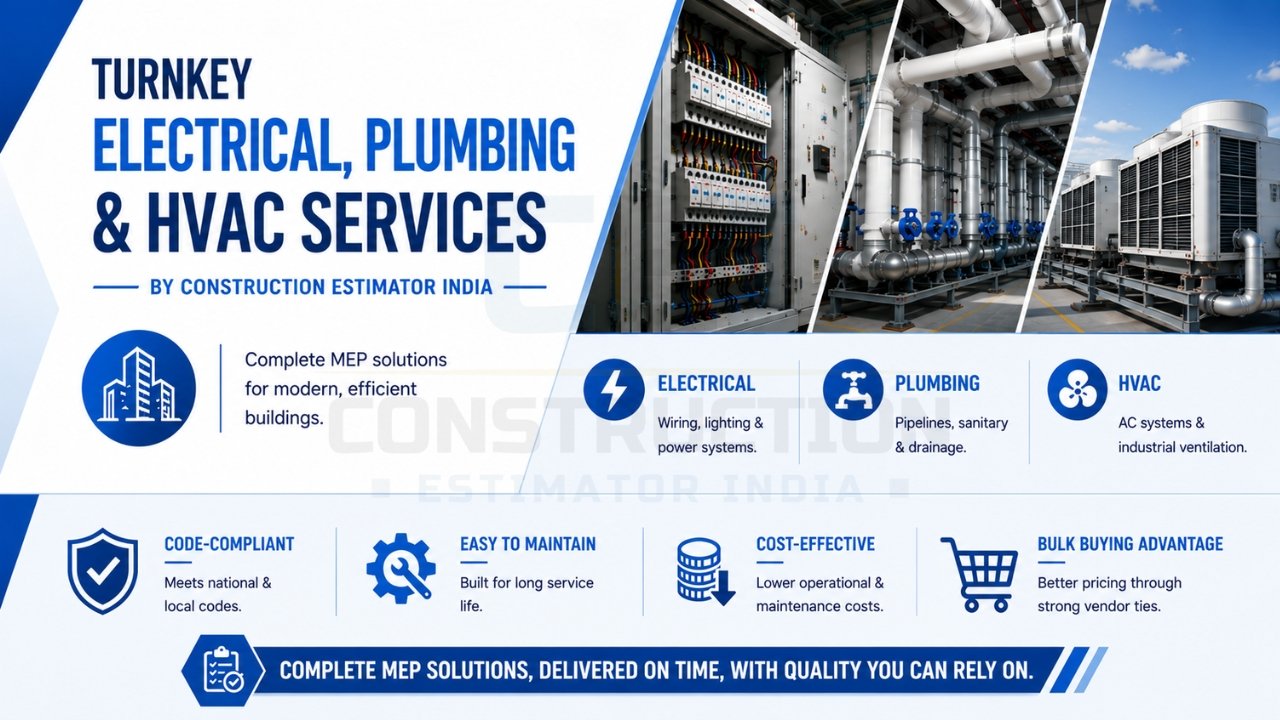 Turnkey electrical, plumbing, and HVAC services with complete MEP solutions for modern commercial and industrial buildings.