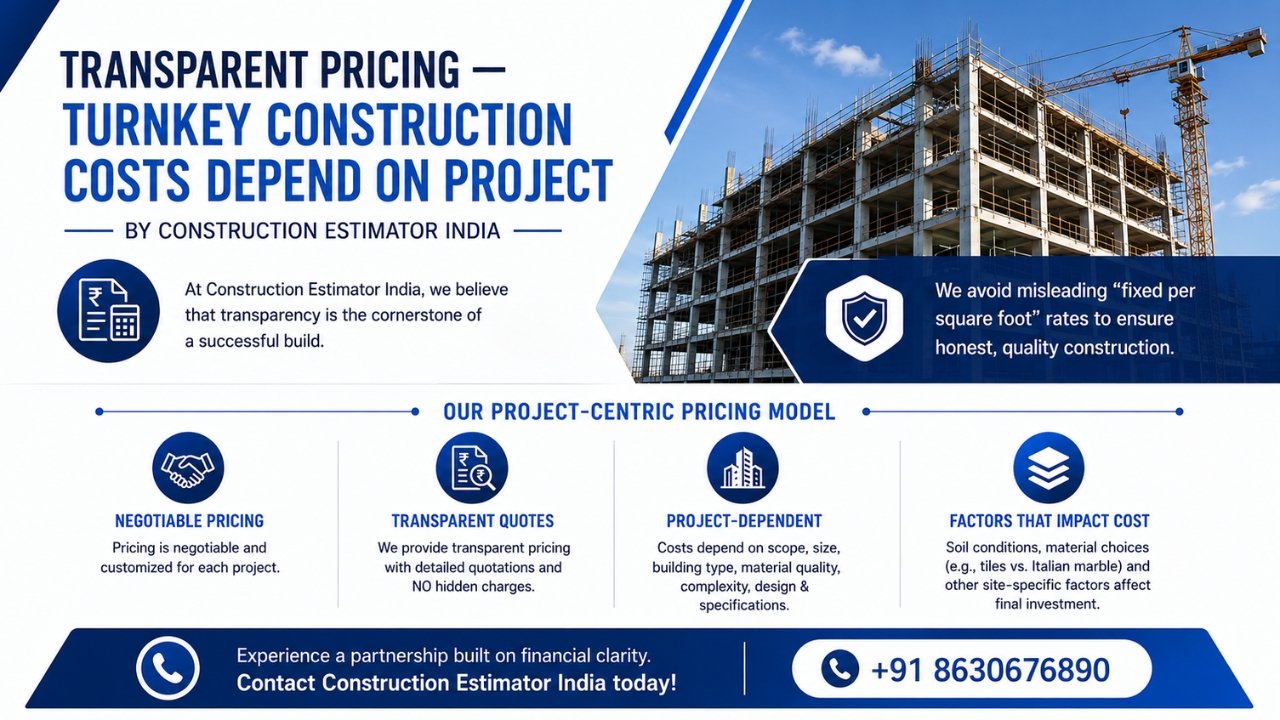 Transparent turnkey construction pricing with project-based cost estimation, detailed quotations, and customized construction solutions.