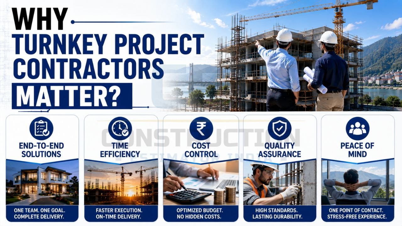 Turnkey project contractors managing a construction project, highlighting end-to-end solutions, time efficiency, cost control, quality assurance, and stress-free project delivery.