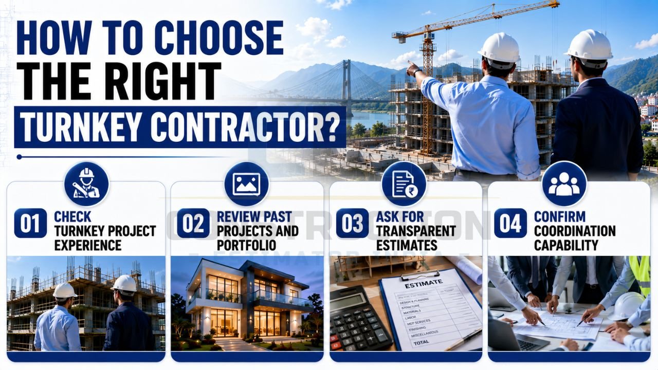 Guide showing key factors for selecting a turnkey contractor including project experience, portfolio review, transparent estimates, and coordination capability.