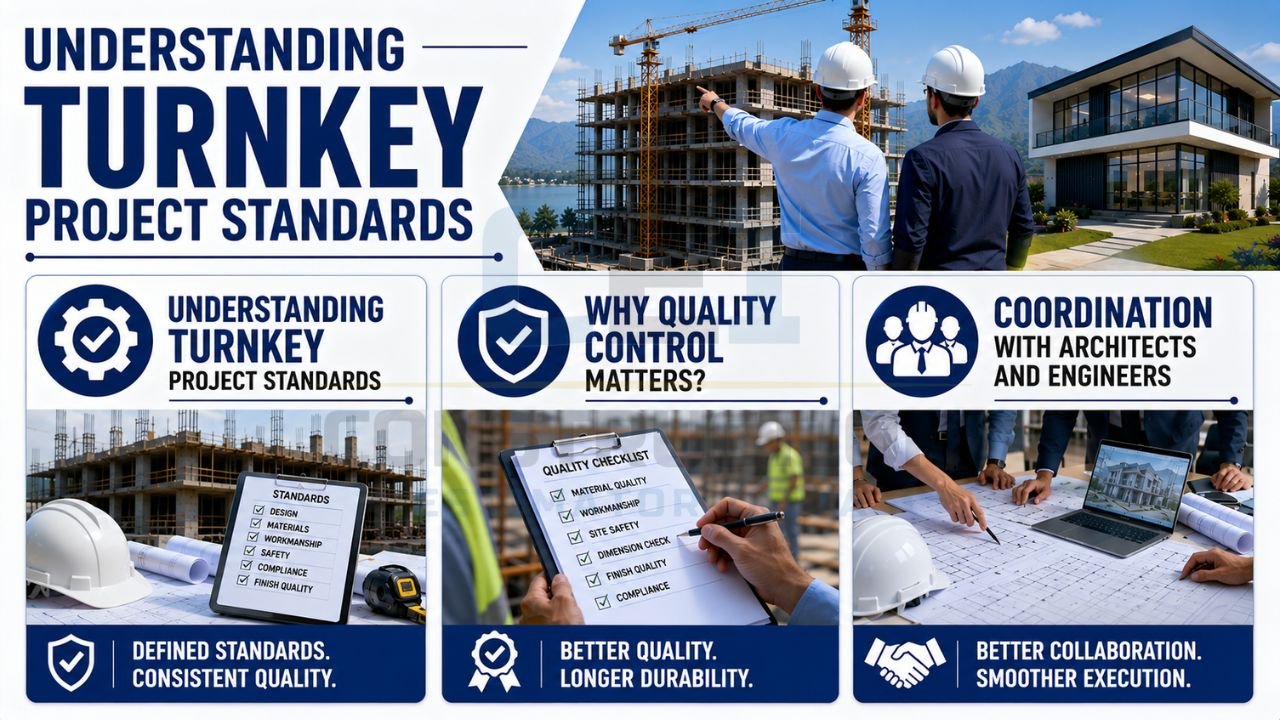 Construction professionals reviewing turnkey project standards, quality control procedures, and coordination processes for successful project delivery.