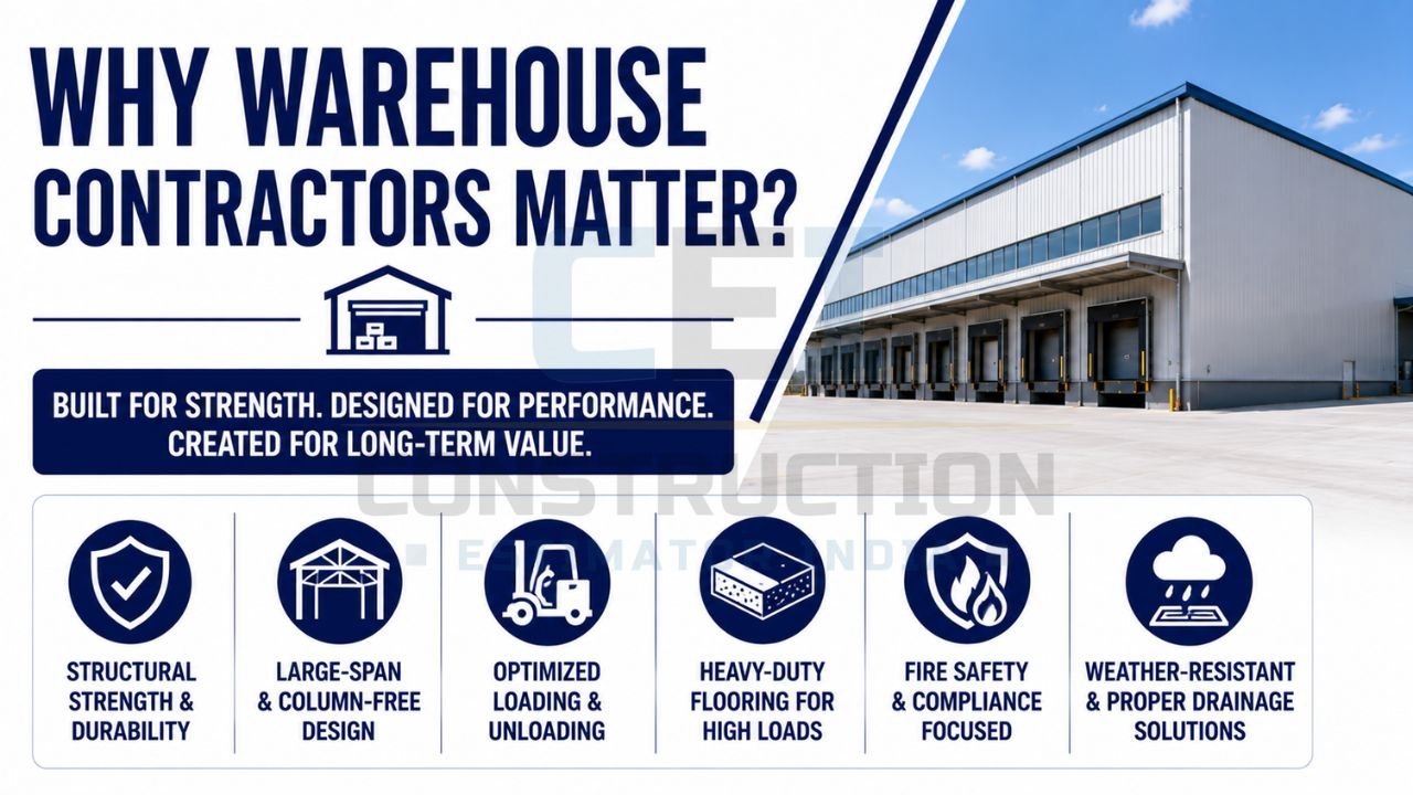 Warehouse contractor infographic highlighting structural strength, column-free spans, optimized loading operations, heavy-duty flooring, fire safety, and weather-resistant construction.
