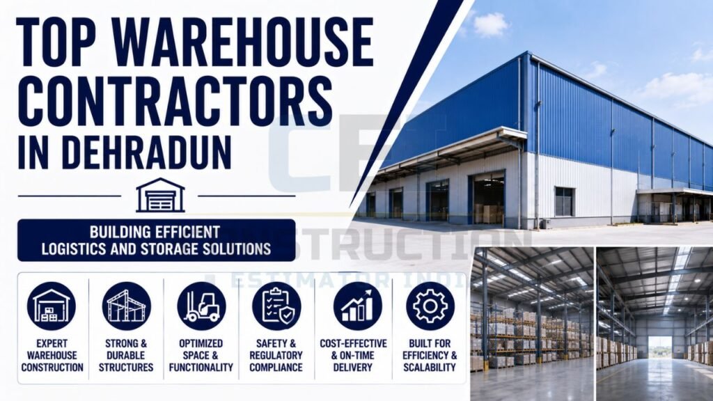 Warehouse contractor infographic promoting professional warehouse construction services in Dehradun with strong structures, optimized storage, safety compliance, scalability, and timely delivery.