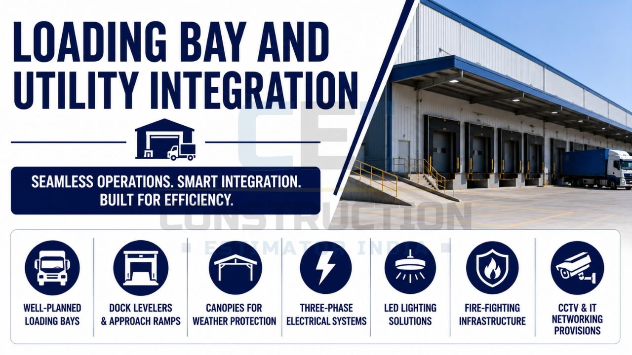 Warehouse loading bay infographic featuring dock levelers, approach ramps, canopies, electrical systems, LED lighting, fire protection, and CCTV infrastructure.