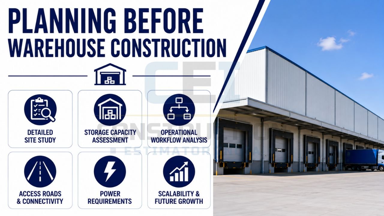 Warehouse planning infographic covering site analysis, storage capacity planning, workflow design, transportation access, utility requirements, and future expansion opportunities.