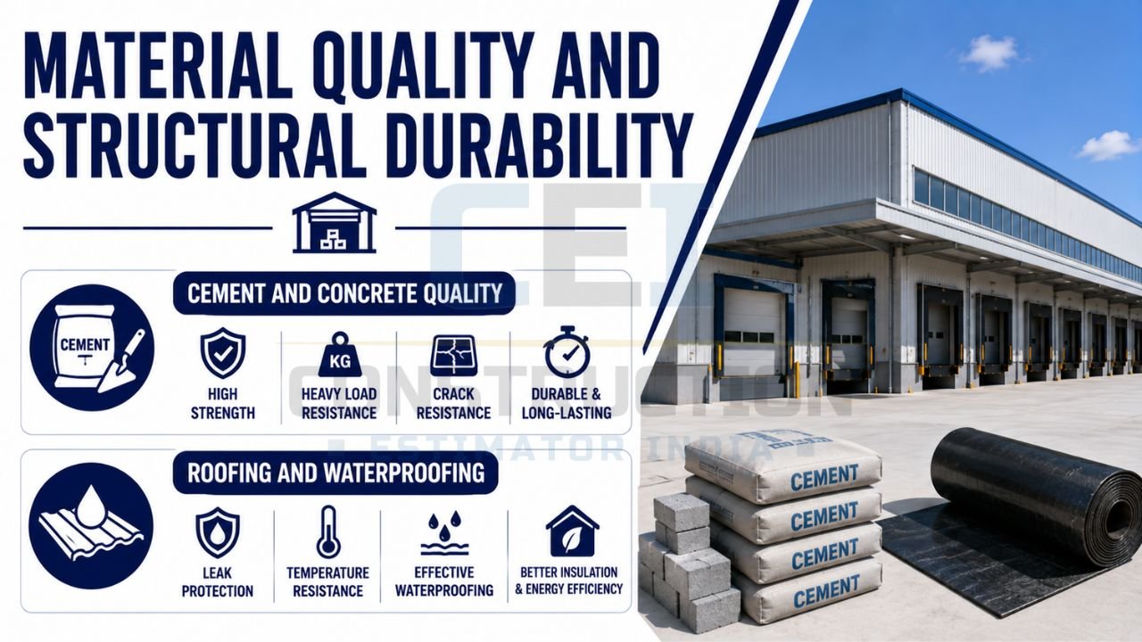 Warehouse construction infographic emphasizing cement quality, concrete strength, waterproofing systems, durability, crack resistance, and long-lasting structural performance.