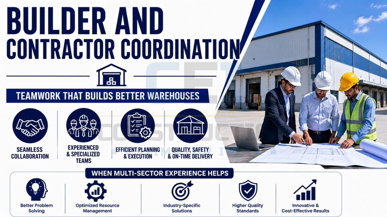 Warehouse construction infographic showing builder and contractor coordination, teamwork, project planning, execution, quality control, and on-time project delivery.