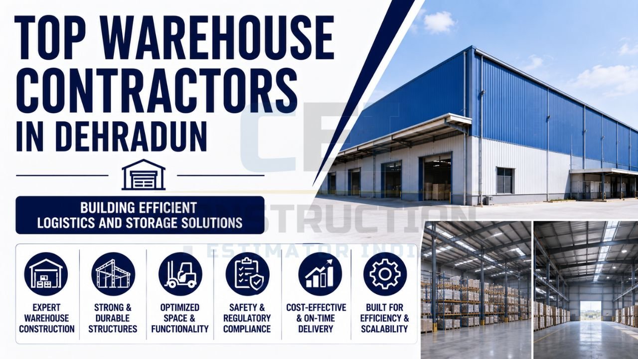 Warehouse contractor infographic promoting professional warehouse construction services in Dehradun with strong structures, optimized storage, safety compliance, scalability, and timely delivery.