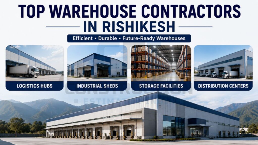 Modern warehouse contractor infographic showcasing logistics hubs, industrial sheds, storage facilities, distribution centers, and large-scale industrial construction projects in Rishikesh.