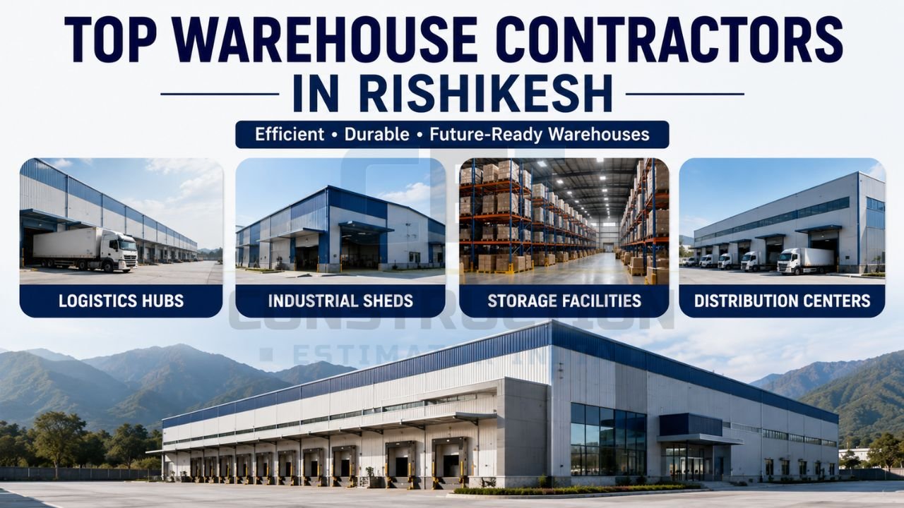 Modern warehouse contractor infographic showcasing logistics hubs, industrial sheds, storage facilities, distribution centers, and large-scale industrial construction projects in Rishikesh.