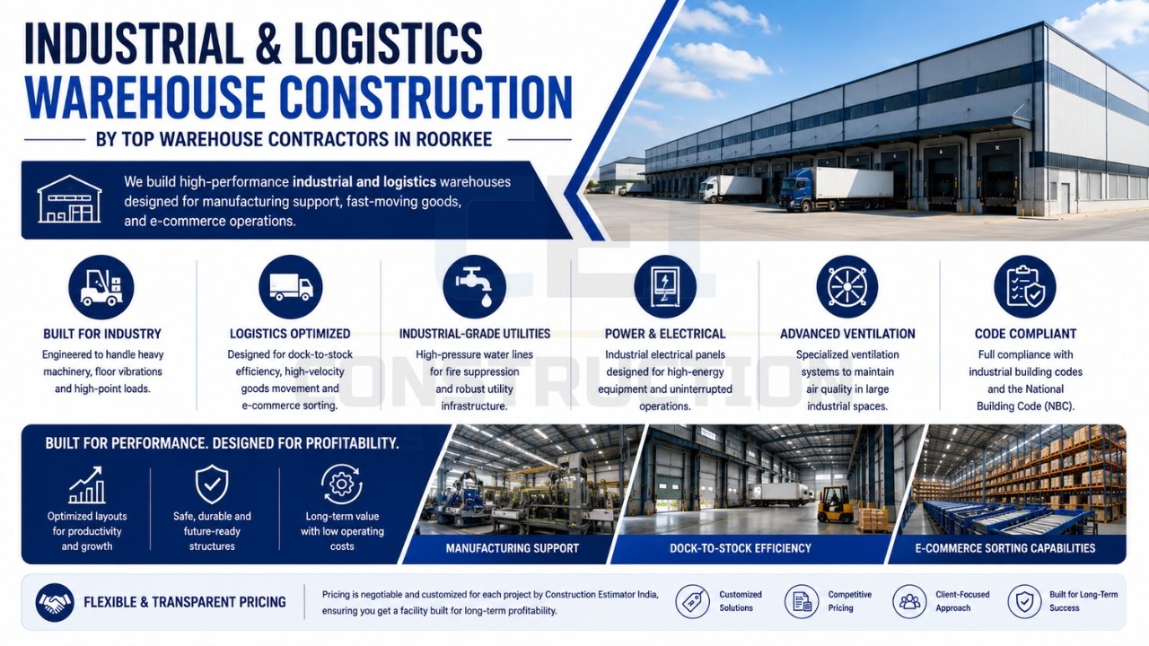 Industrial and logistics warehouse construction with manufacturing support, dock-to-stock efficiency, industrial utilities, and code-compliant infrastructure.