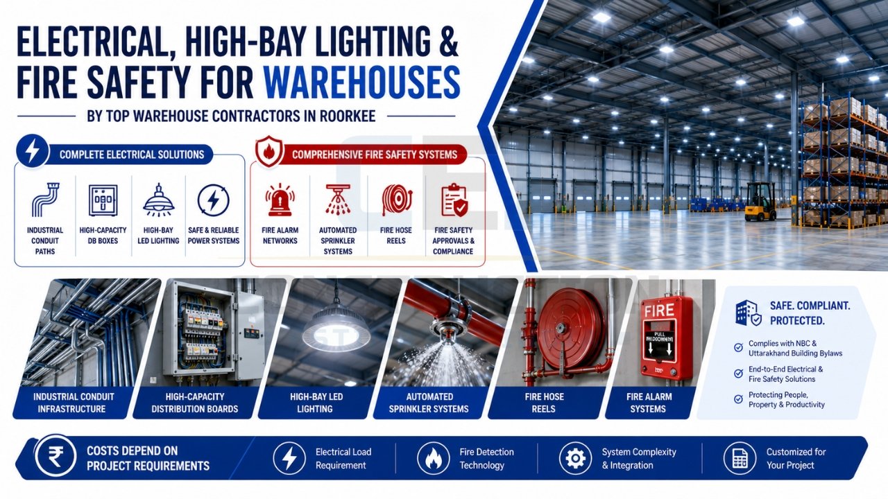 Warehouse electrical systems, high-bay LED lighting, and fire safety solutions with industrial power infrastructure and compliance-focused protection.