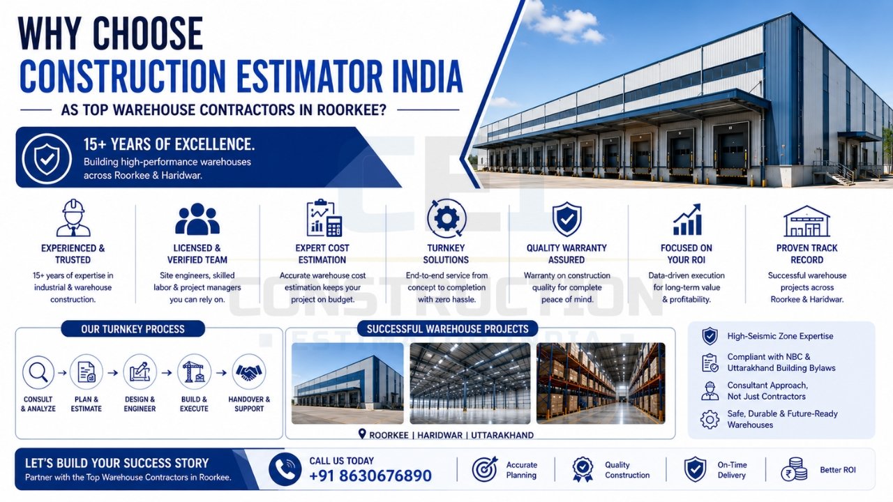 Top warehouse contractors in Roorkee offering turnkey warehouse construction, cost estimation, quality assurance, and industrial infrastructure solutions.