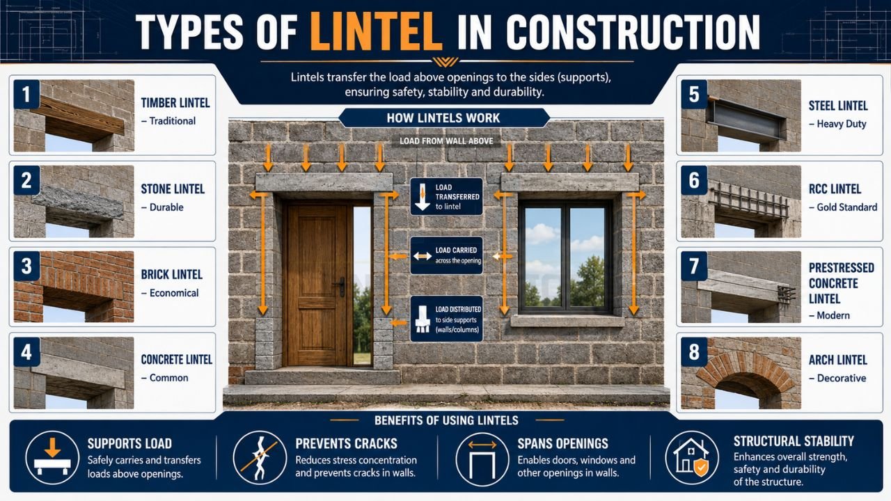Different types of lintels in construction including RCC lintel, steel lintel, stone lintel, brick lintel, concrete lintel, and arch lintel used above doors and windows