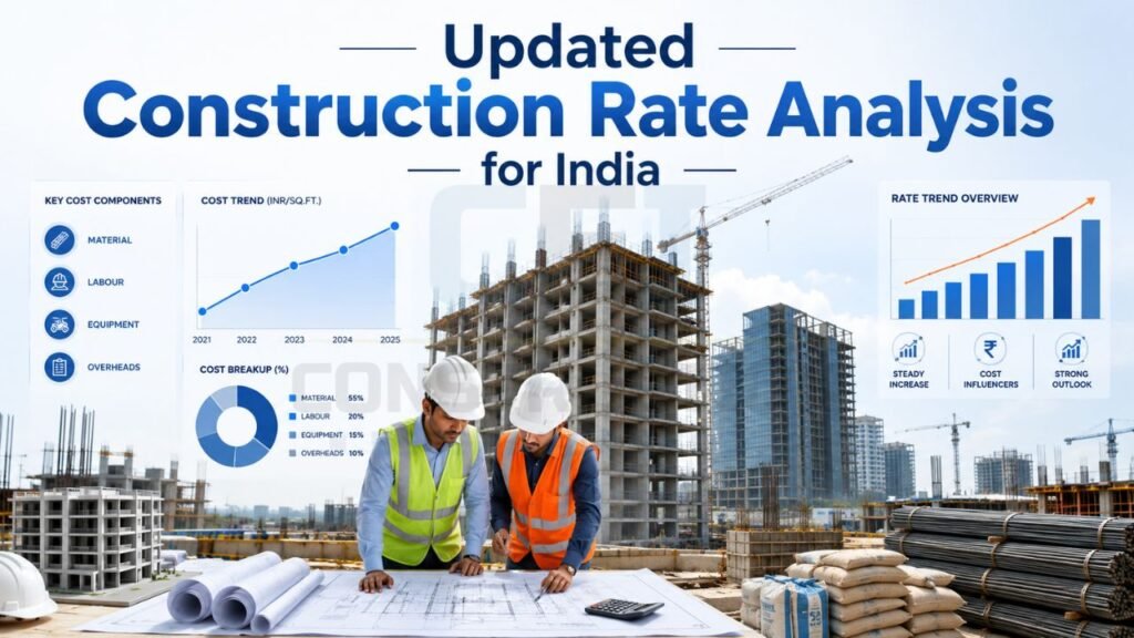 Updated construction rate analysis for India showing cost trends, material, labour, equipment, overhead costs, and rate growth