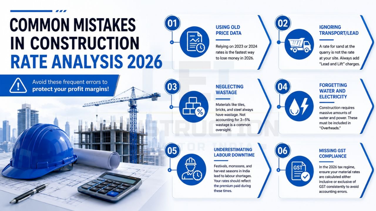 Common mistakes in construction rate analysis 2026 including outdated prices, transport costs, wastage, utilities, labour downtime, and GST compliance