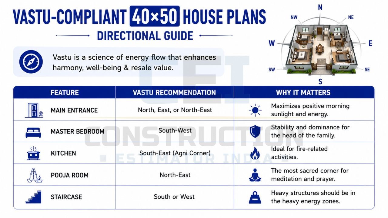 Vastu guide for a 40×50 house showing recommended directions for entrance, kitchen, master bedroom, pooja room, and staircase.