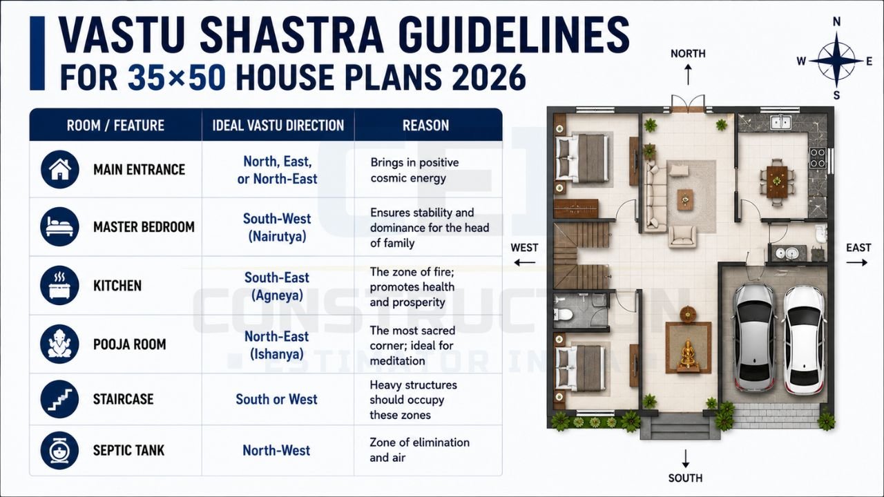 Infographic showing ideal Vastu directions for the entrance, master bedroom, kitchen, pooja room, staircase, and septic tank in a 35×50 house plan.