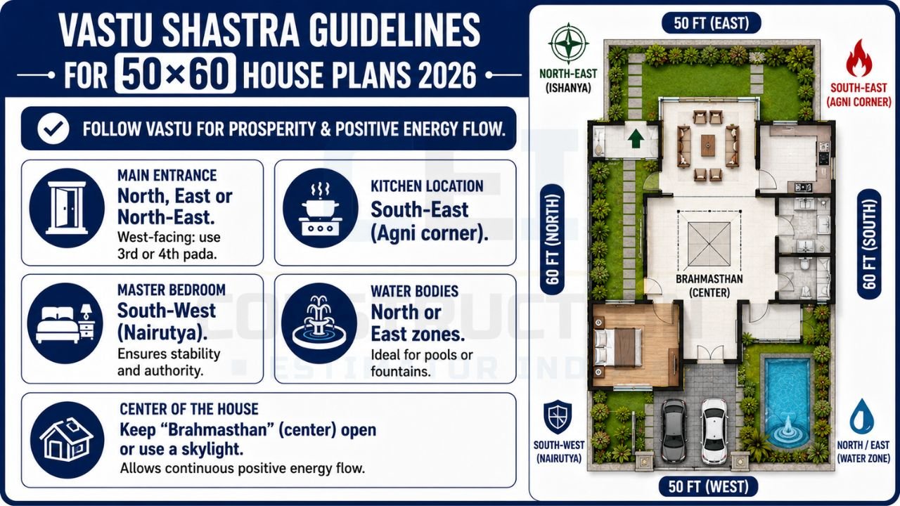 Vastu-compliant 50×60 house plan showing ideal entrance, kitchen, master bedroom, water zone, and Brahmasthan placement.