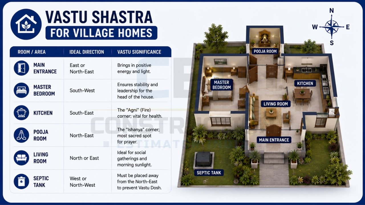 Village house Vastu infographic showing ideal placement of the main entrance, kitchen, master bedroom, pooja room, living room, and septic tank.