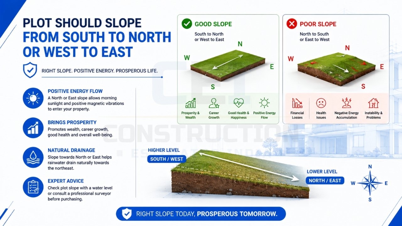 Plot slope from south to north or west to east for better drainage and Vastu compliance